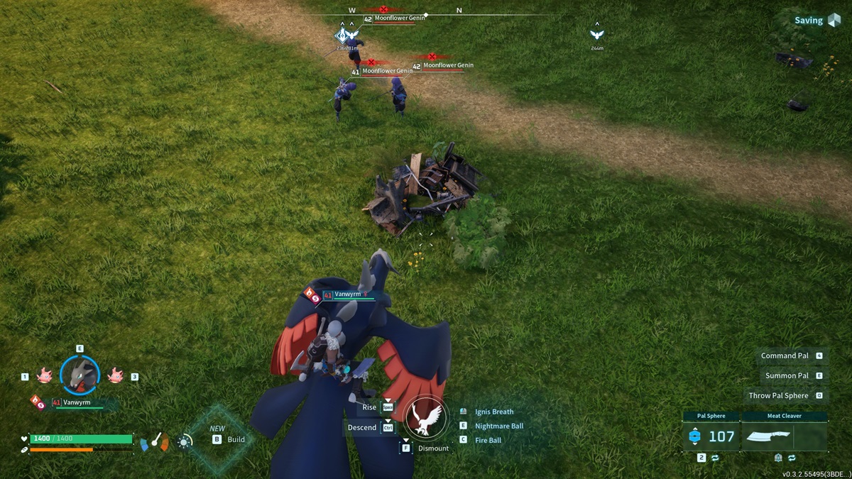 A player rides a Pal near a junk pile as enemy ninjas attack them in Palworld.