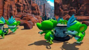 Pal evolution explained: Green monkey-like Pals rotating a wheel.