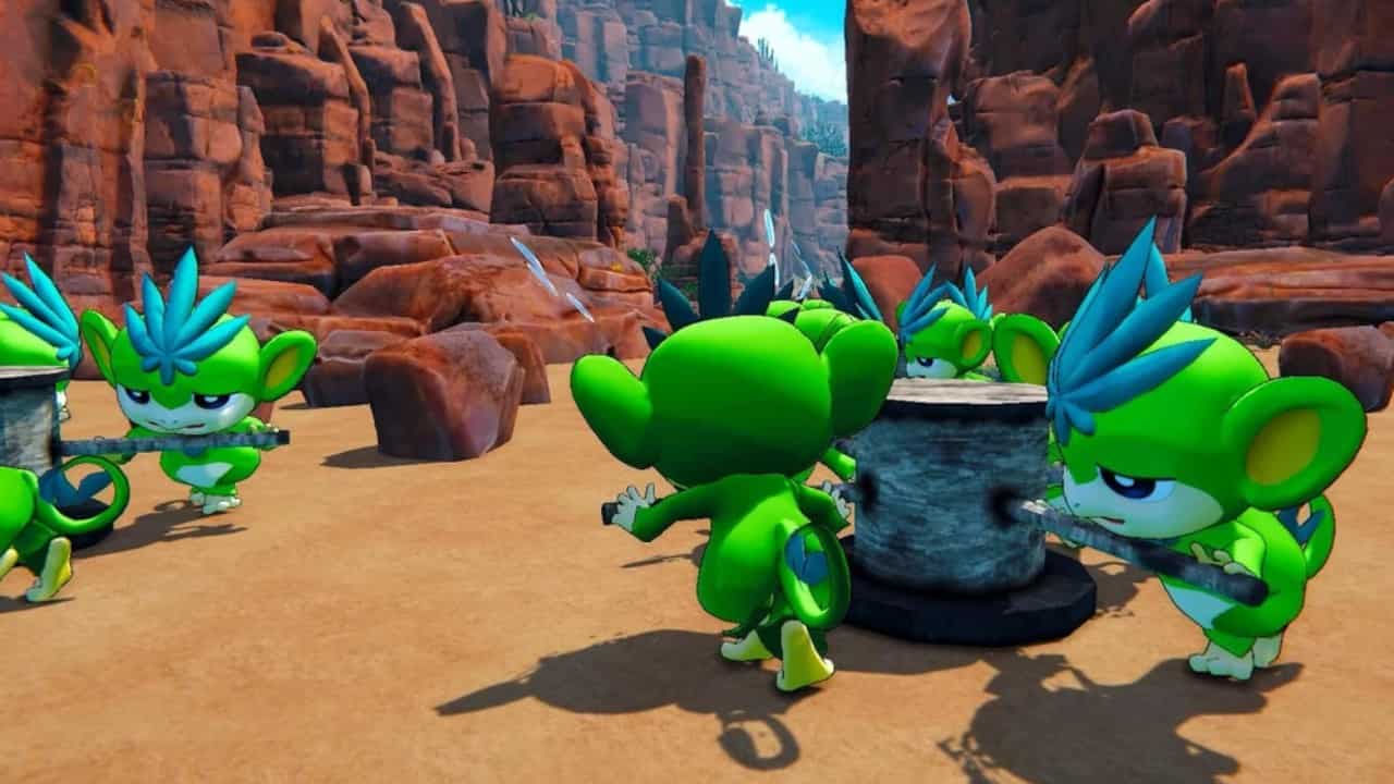 Pal evolution explained: Green monkey-like Pals rotating a wheel.