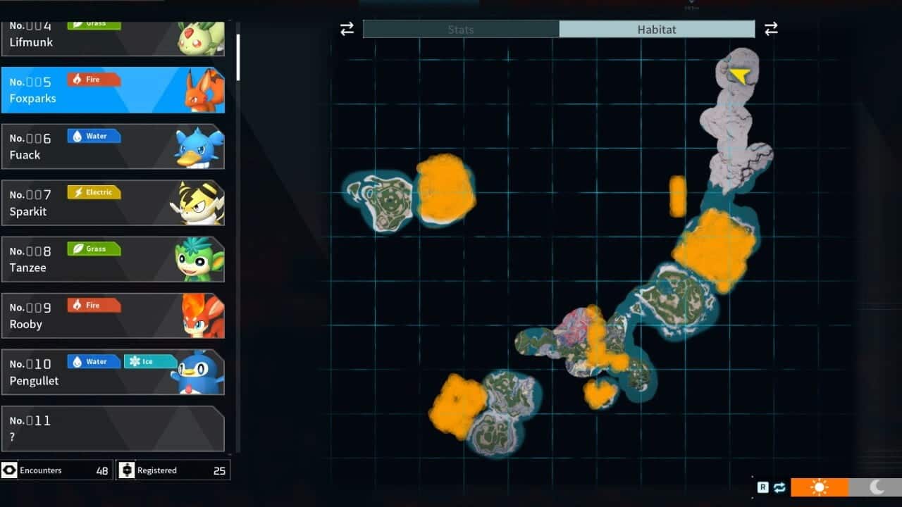 The Palworld map showing where players can find Foxparks