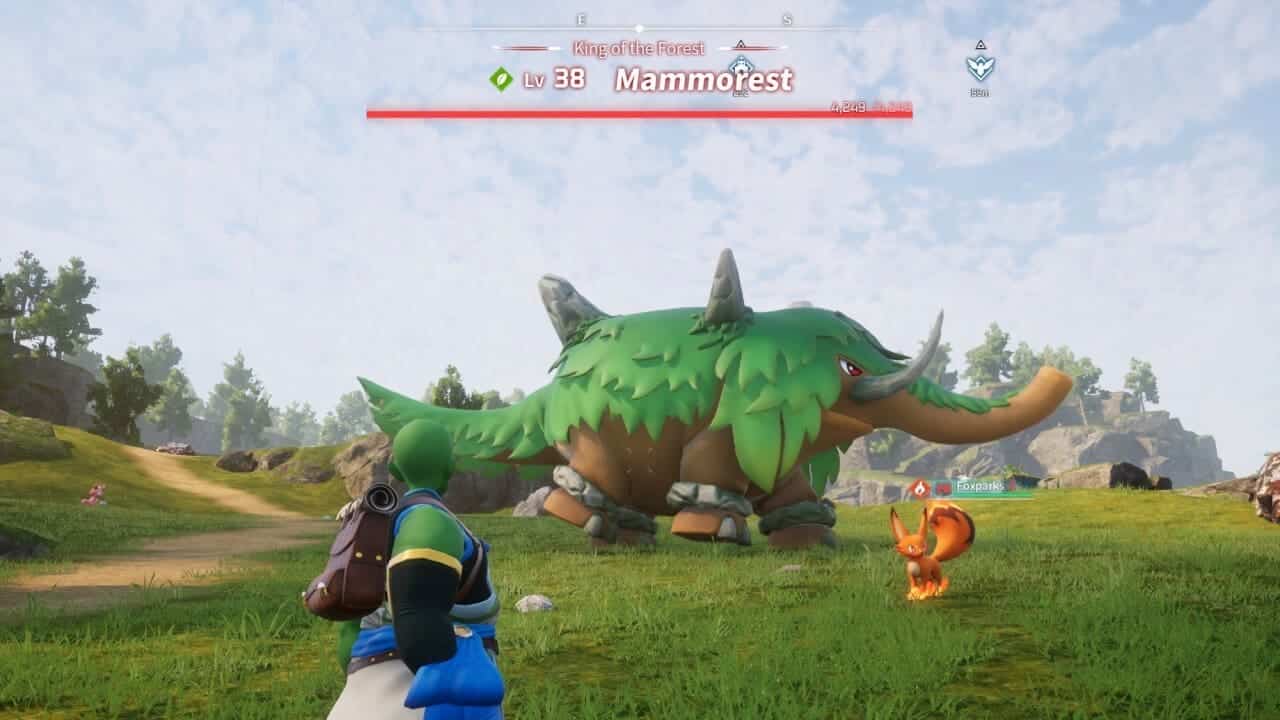 A Palworld player finding a Mammorest on a grassy field