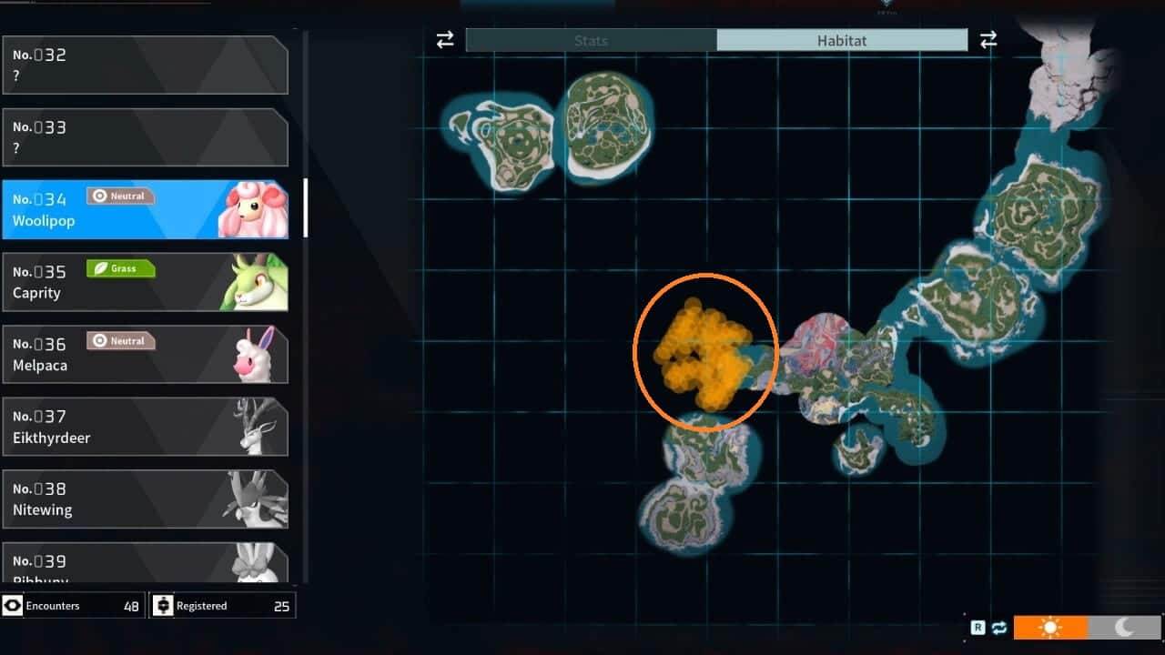 A screenshot showing map location of woolipop spawn in palworld