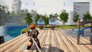 A screenshot of Palworld, a video game featuring a woman on a dock learning how to hatch eggs.