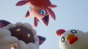 A group of Pals in Palworld are flying in the sky.
