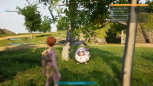 A screenshot of a woman and a sheep in a grassy area, showcasing the extraordinary world of Palworld.