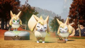 A group of three small doglike Pals in Palworld