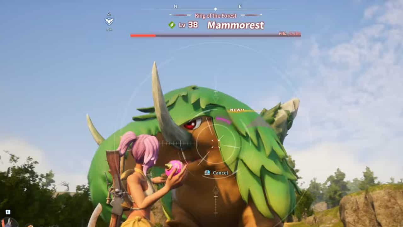 A player capturing Mammorest in Palworld.