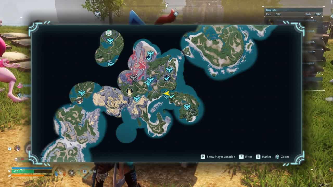 Fast travel points on the Palworld map, shown as blue eagle symbols