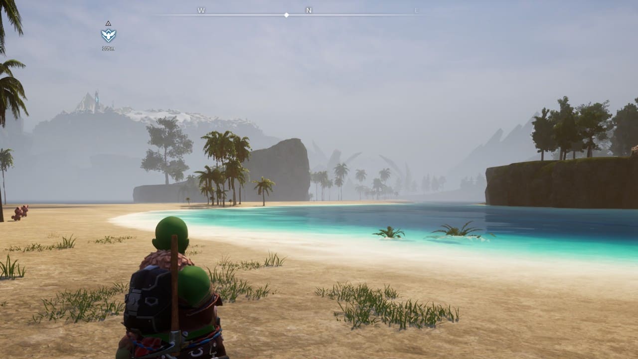 Palworld map size: Player standing on a beach.