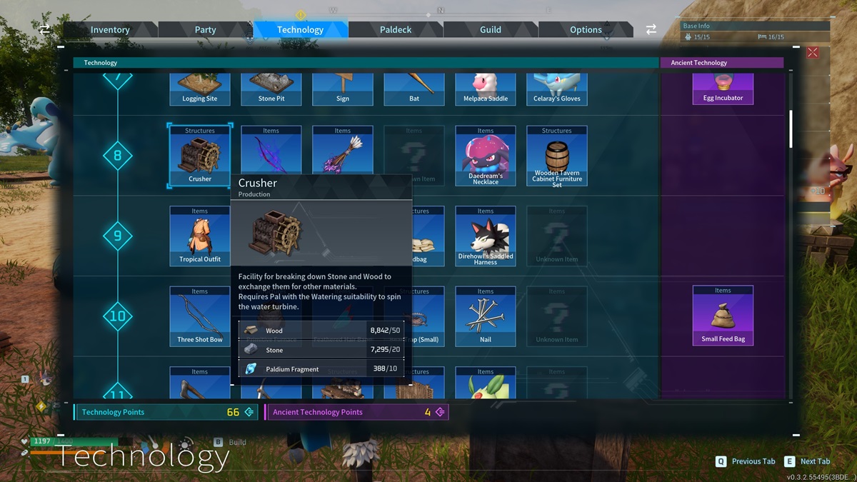 A player checks the Crusher in the technology tree in Palworld.