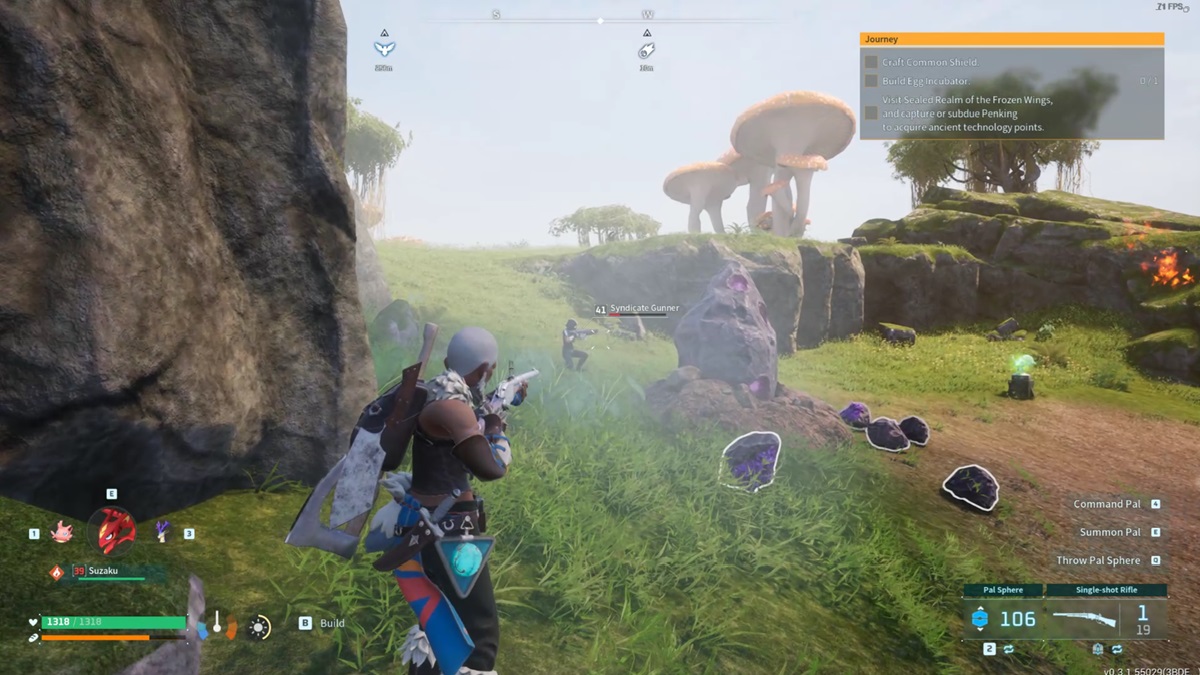A player fights an enemy NPC near a Meteorite Event in Palworld.