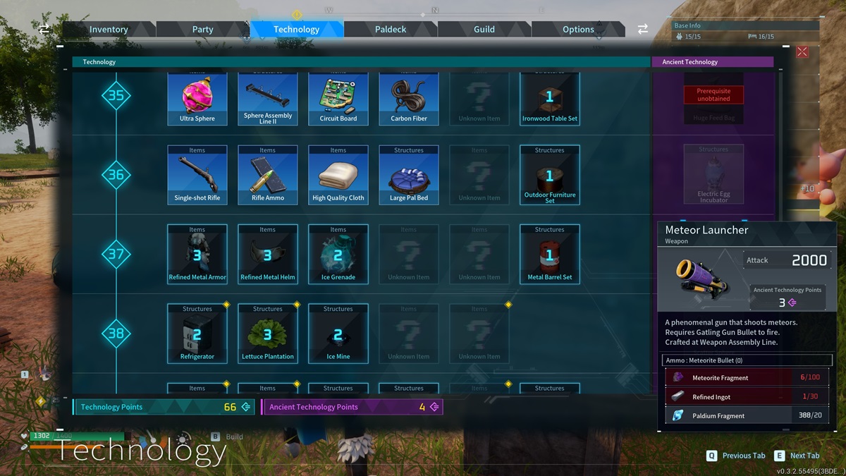 A player checks out the Meteor Launcher in the technology menu in Palworld.