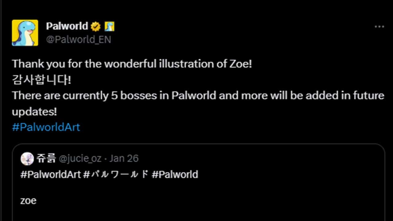 An image of a post on X from Palworld indicating new bosses.