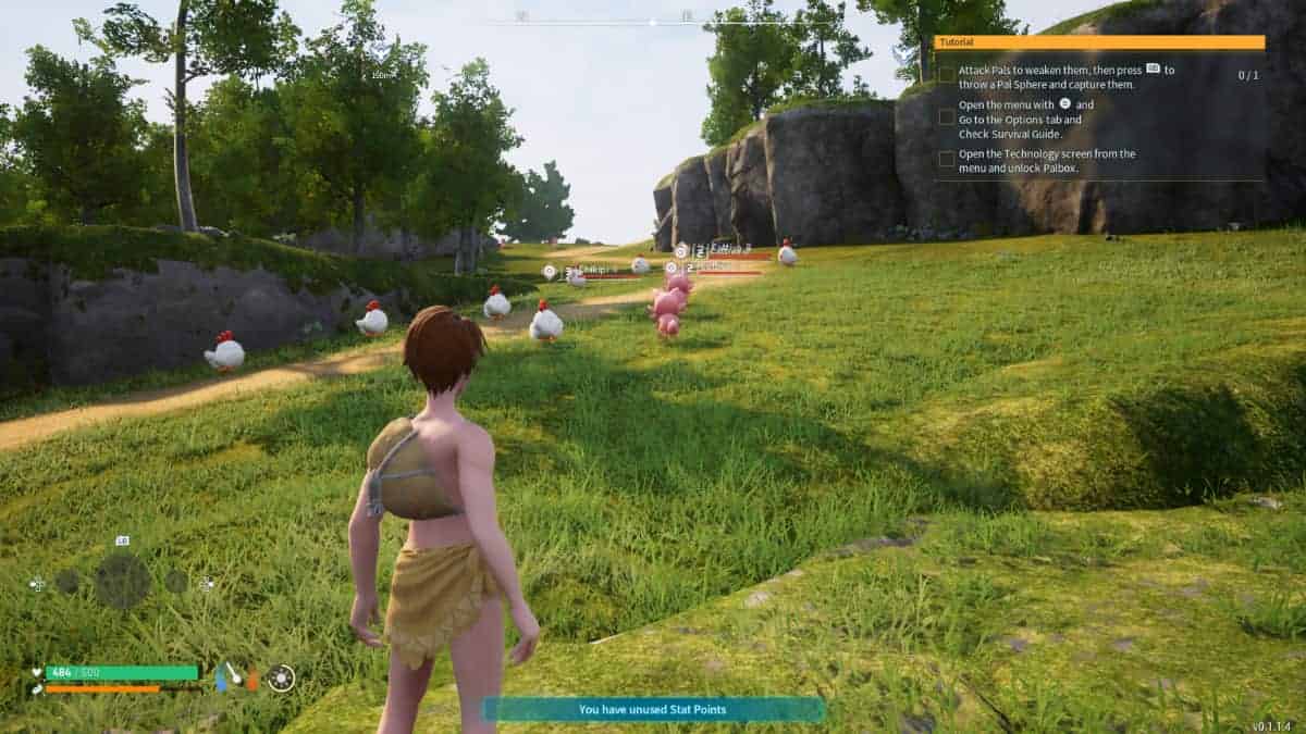 A woman is walking through a grassy field in a video game, discovering and learning how to care for Pals.