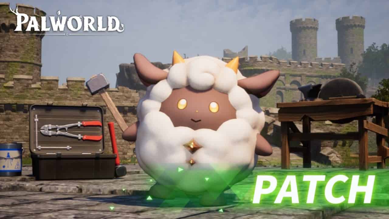 Palworld patch notes - An image of a sheep with a tool in the game.