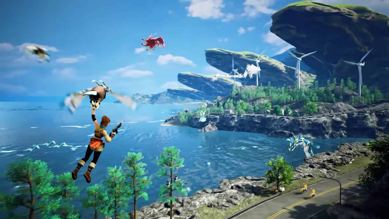 A player flying with Pals in Palworld