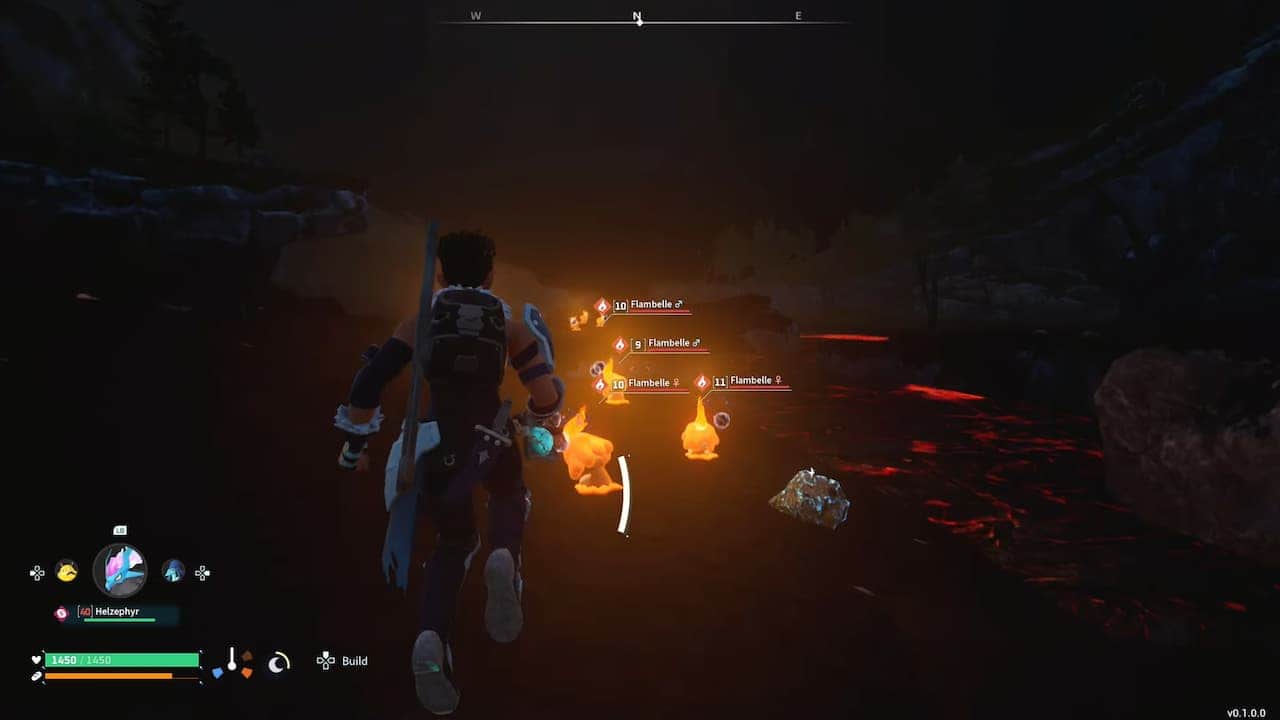 A player in Palworld runs towards Flambelles at night
