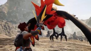 A Palworld player petting their red flying Pal