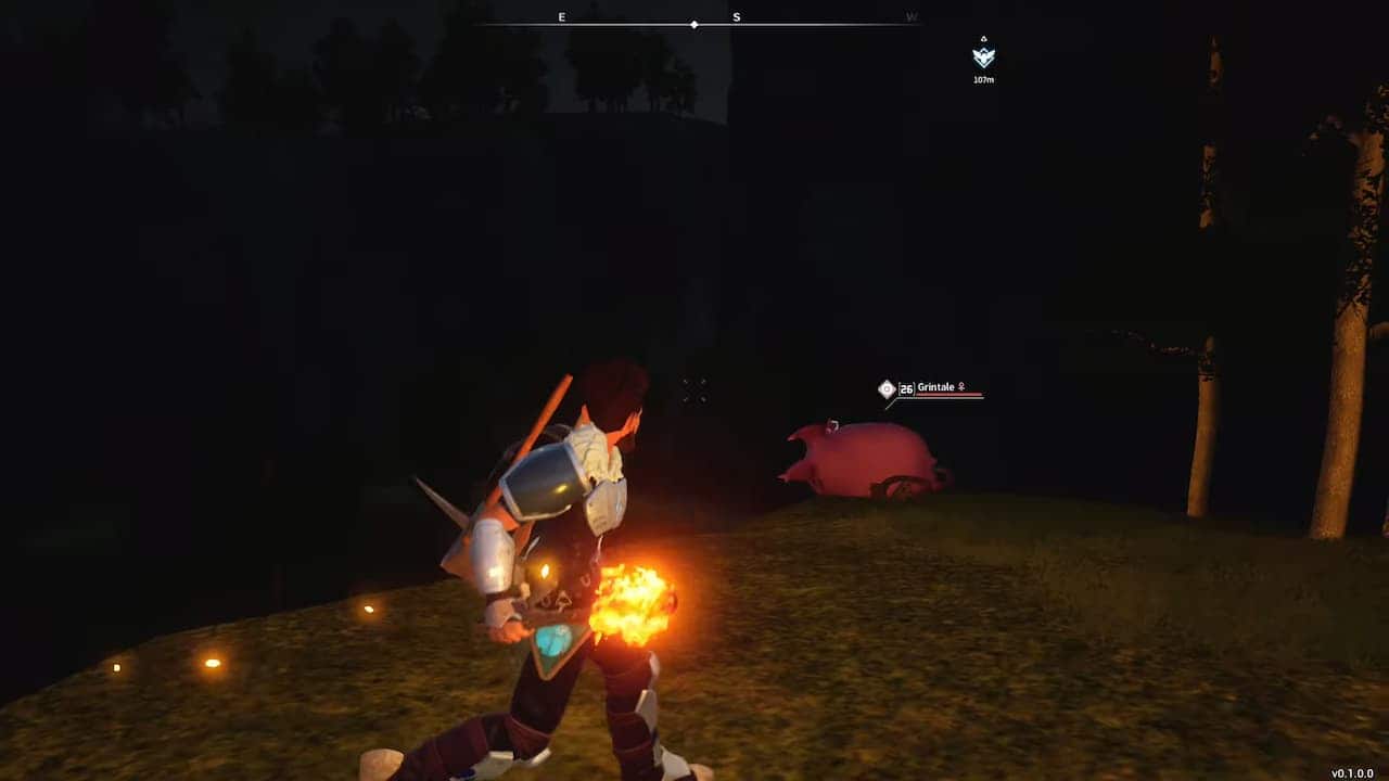 A Palworld player with a torch running towards Grintales