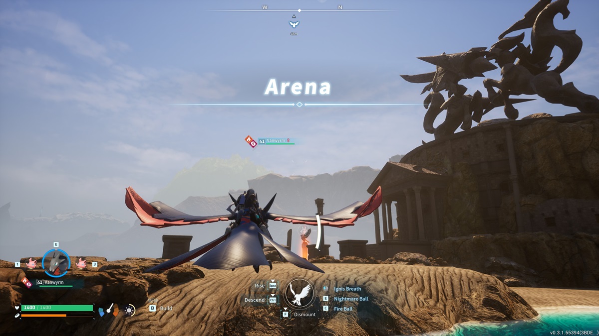 A player flies towards the Arena in Palworld.