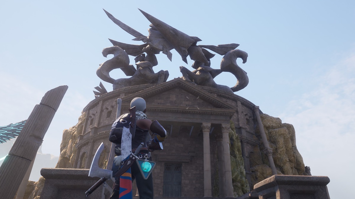 A player stands in front of the Arena in palworld.