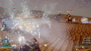 How to get Rayhounds in Palworld explained: Player fights a pair of Rayhounds in the desert.