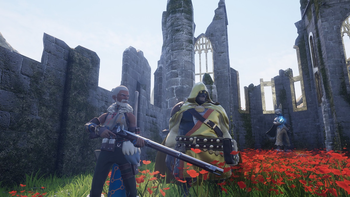 A player stands next to the Medal Merchant in the Desolate Church in Palworld.