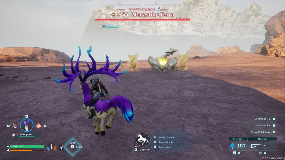 A player rides a Pal past Menasting Terra in Palworld.
