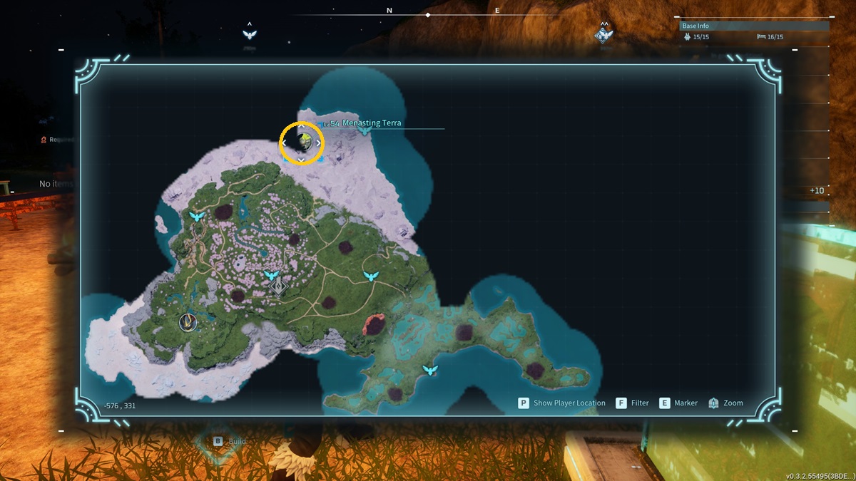 A player checks a map with the Menasting Terra location highlighted in Palworld.