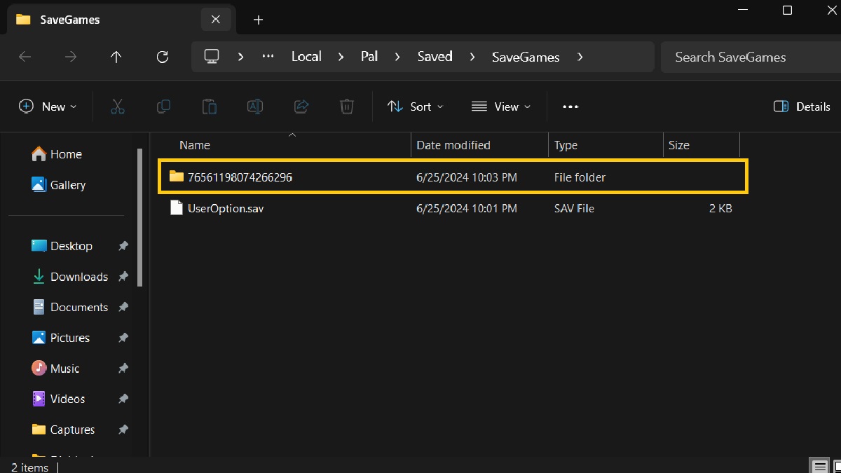 Palworld game save in Windows Explorer.