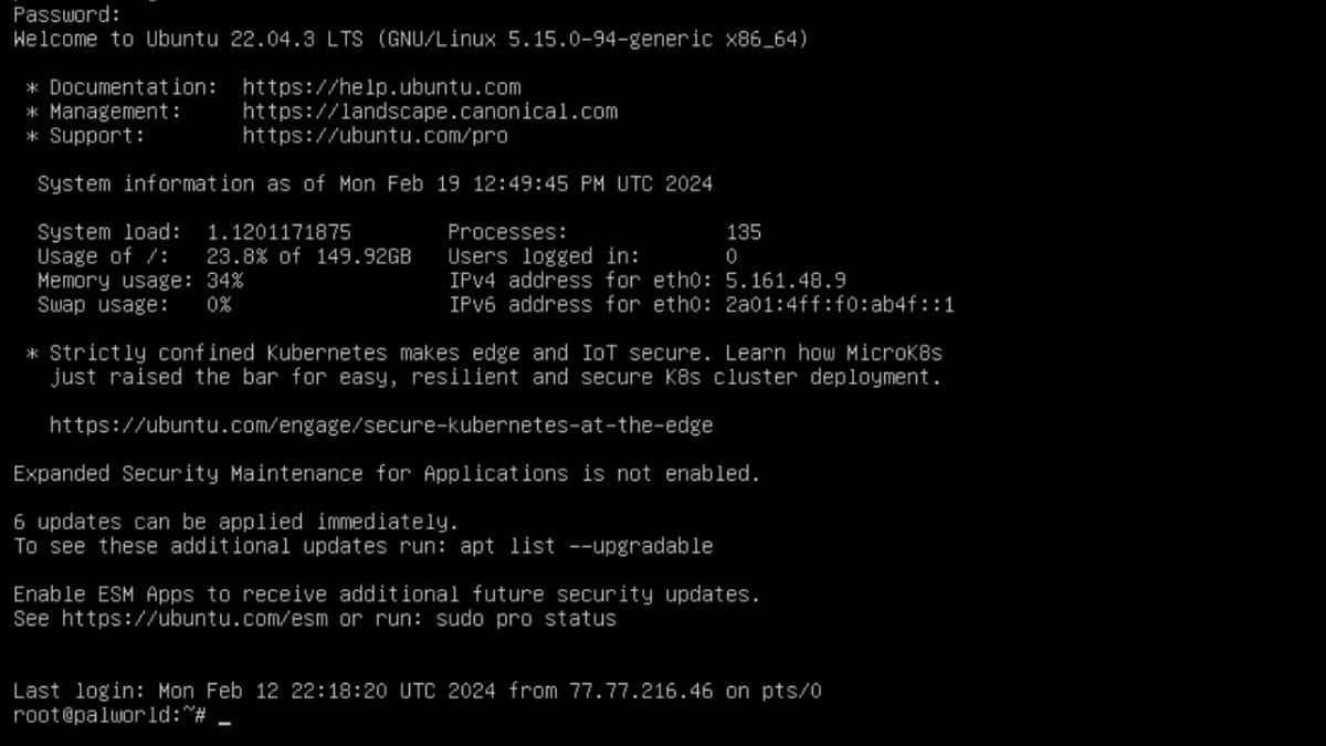 A screen shot of a computer screen with a black background showing the palworld dedicated server status.