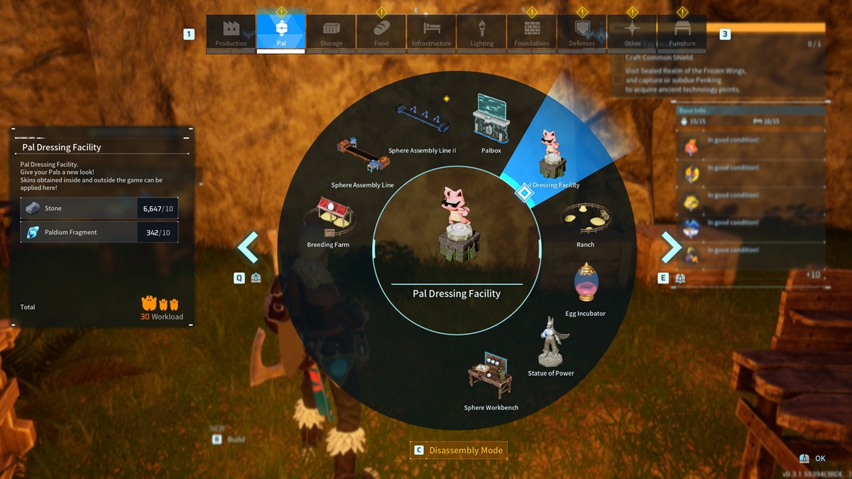 The build wheel with the Pal Dressing Facility highlighted in Palworld.