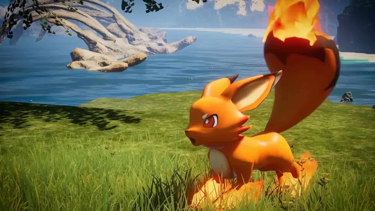 A fire type Pal in Palword standing in the grass