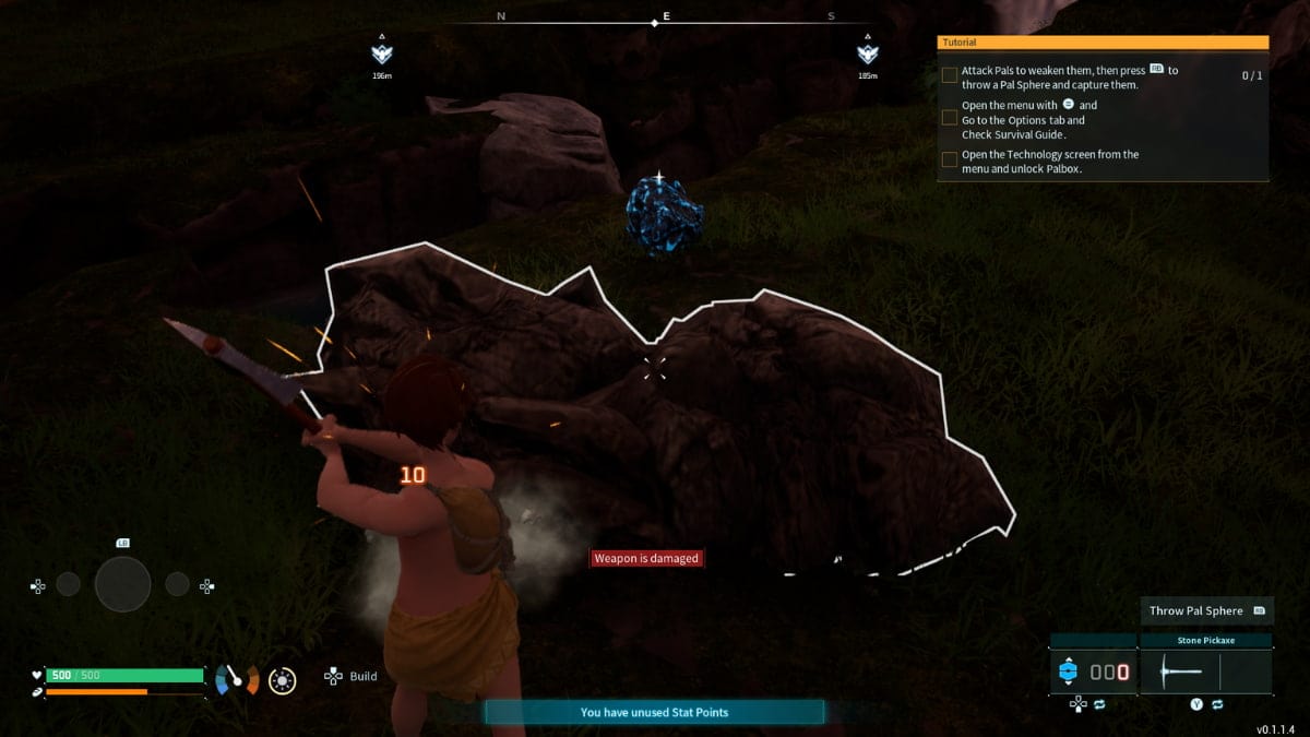 A screenshot of a video game showing a man with a gun engaged in palworld stone farming method.