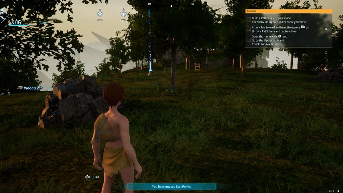 A screenshot of a man standing in a grassy area showcasing Palworld's wood farming methods.