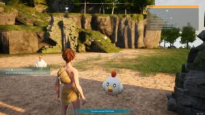 A woman is standing next to a chicken in Palworld, a VR-compatible video game.