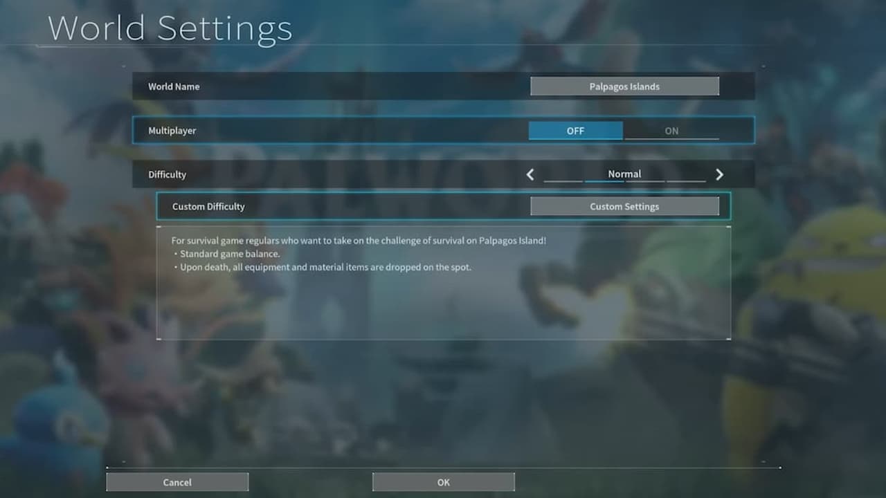 The world settings in a blue menu in Palworld