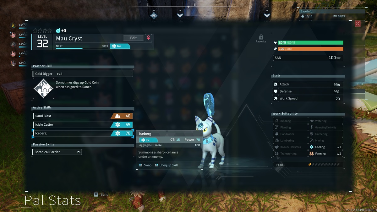 A player checks the Mau Cryst Pal in Palworld.