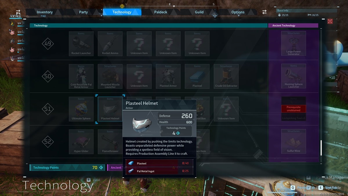 A player checks the Plasteel Helmet in Palworld.