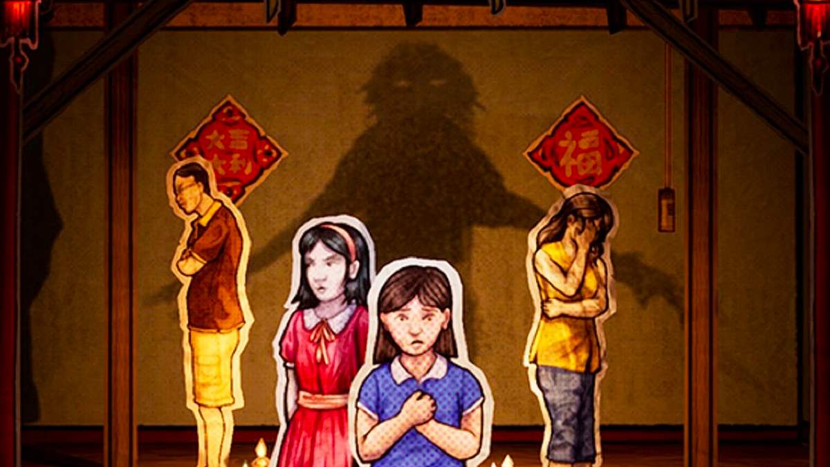 Two little girls and an adult couple standing in front of a wall with a shadowy figure on it.