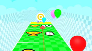 A red arrow points at the yellow and white target, with colourful balloons floating around in Paper Plane Simulator.
