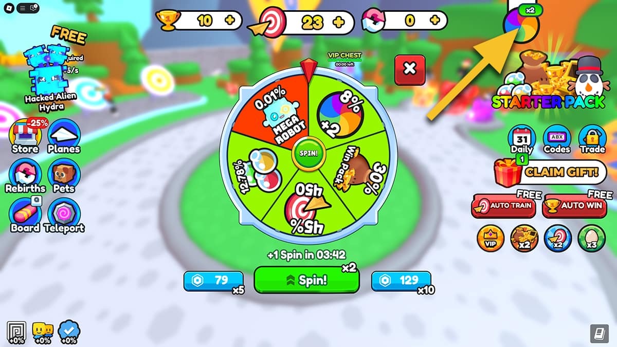 A yellow arrow points at the colourful spinning wheel in the top right corner in Paper Plane Simulator. The spinning wheel is open in the centre of the screen.
