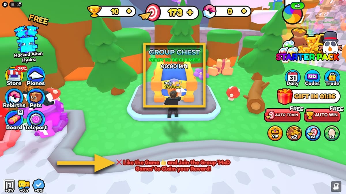 A yellow arrow points at the instructions in Paper Plane Simulator. A player is standing in front of a huge Group Chest.