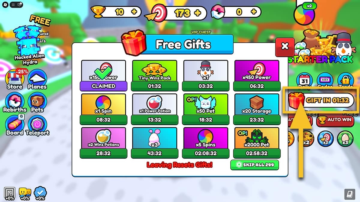 A yellow arrow points at the Gift button on the right side of the screen in Paper Plane Simulator. The Free Gifts menu is open in the centre of the screen.