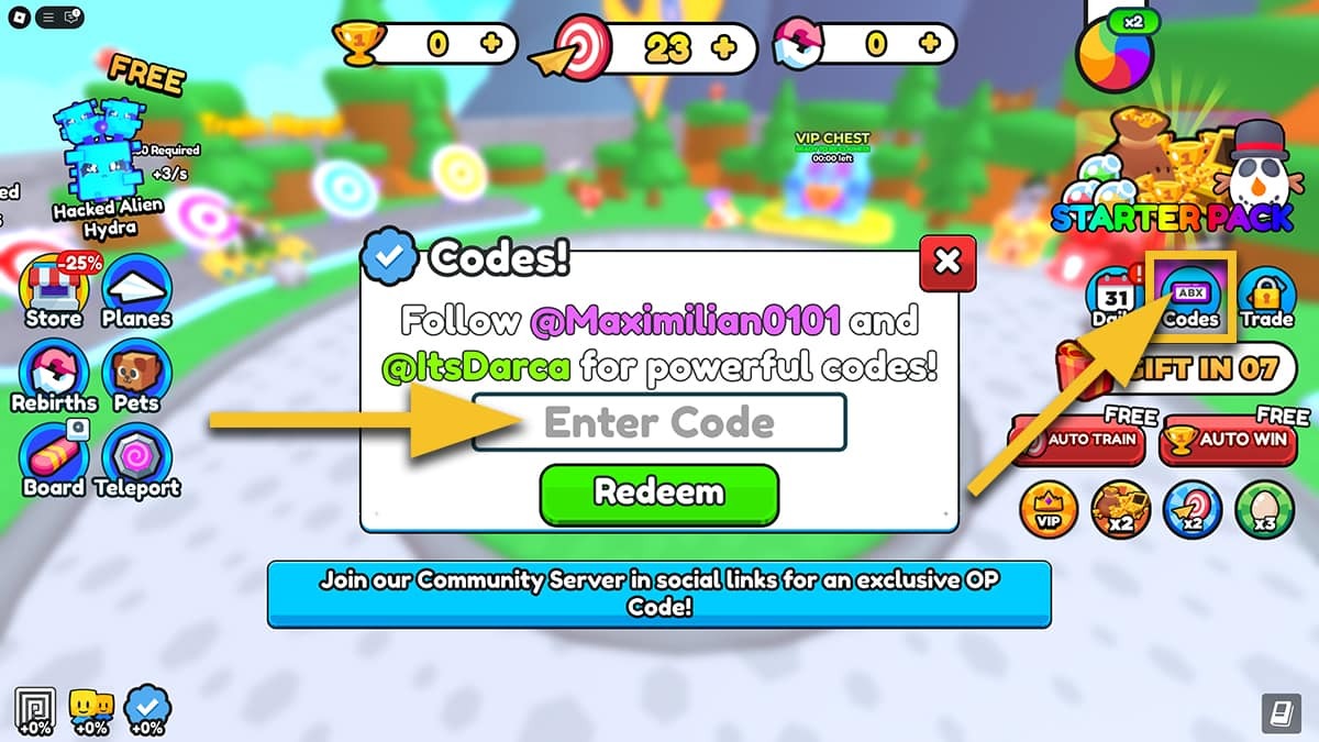 A yellow arrow points at the Codes button on the right side of the screen. Another yellow arrow points at the text box where the player should input the codes in Paper Plane Simulator.