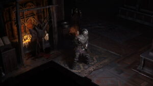 Image of the Warrior class character with a flaming hammer inside a manor in Path of Exile 2.