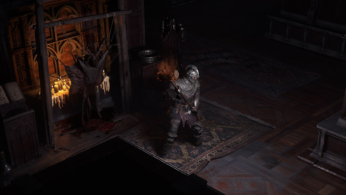 Image of the Warrior class character with a flaming hammer inside a manor in Path of Exile 2.