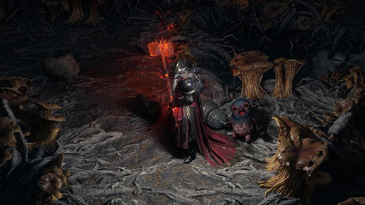 Image of the Warrior class with a flaming two-handed hammer and a bird pet in Path of Exile 2.