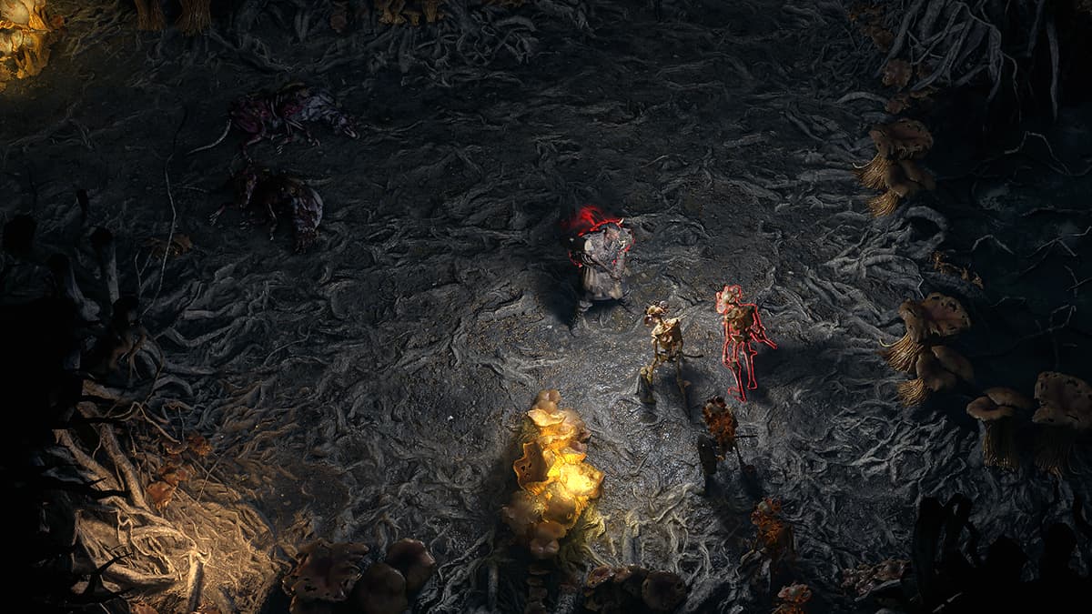 Image of a Warrior class facing a horde of undead enemies inside a mushroom cave in Path of Exile 2.