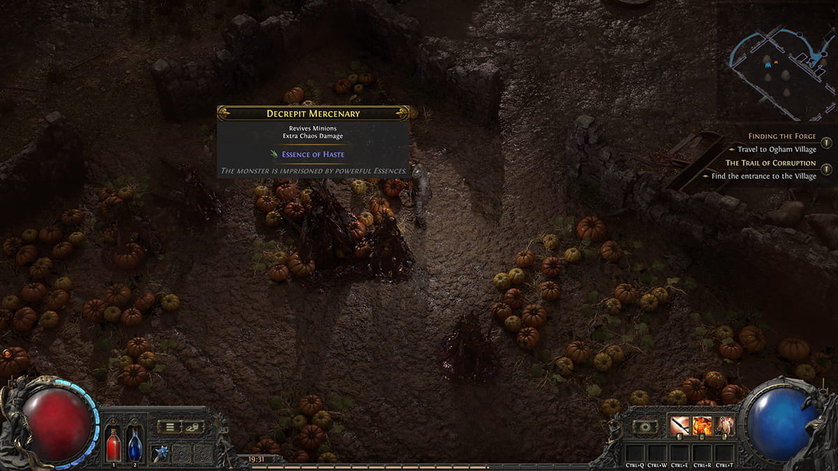 A player encounters a pack of frozen Essence monsters during gameplay in Path of Exile 2.